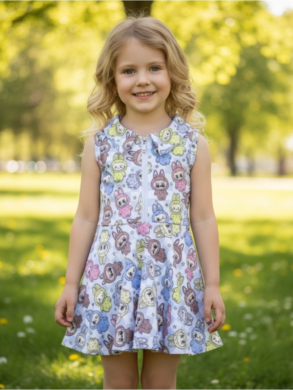 Girls' Sleeveless A-Line Dress with Pastel Bunny Print - White